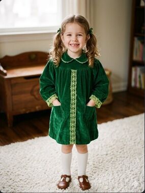 2/3 handmade 70e vintage Green Velvet Girls' Dress with Lime lace Trim